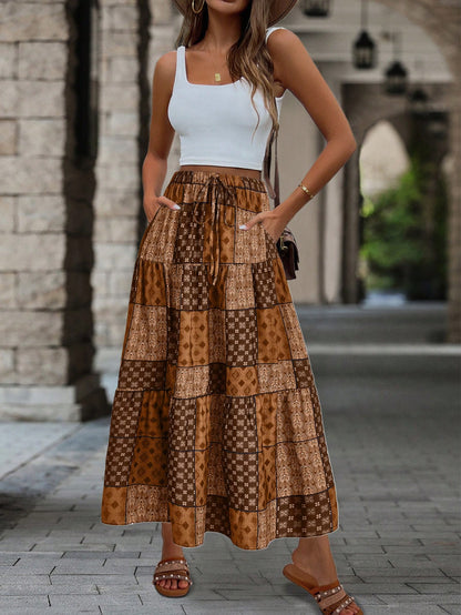 EMERY ROSE Women's Vintage Style Printed Simple Daily A-Line Skirt Fall