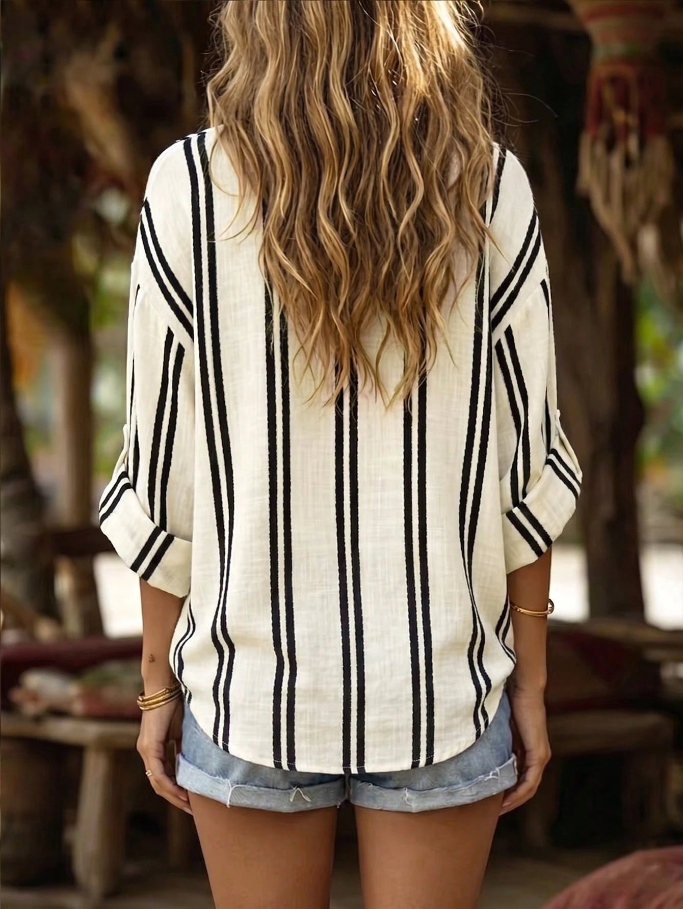 EMERY ROSE Women's Woven Striped Business Casual Boho Summer Blouse Vacation Black And White Striped