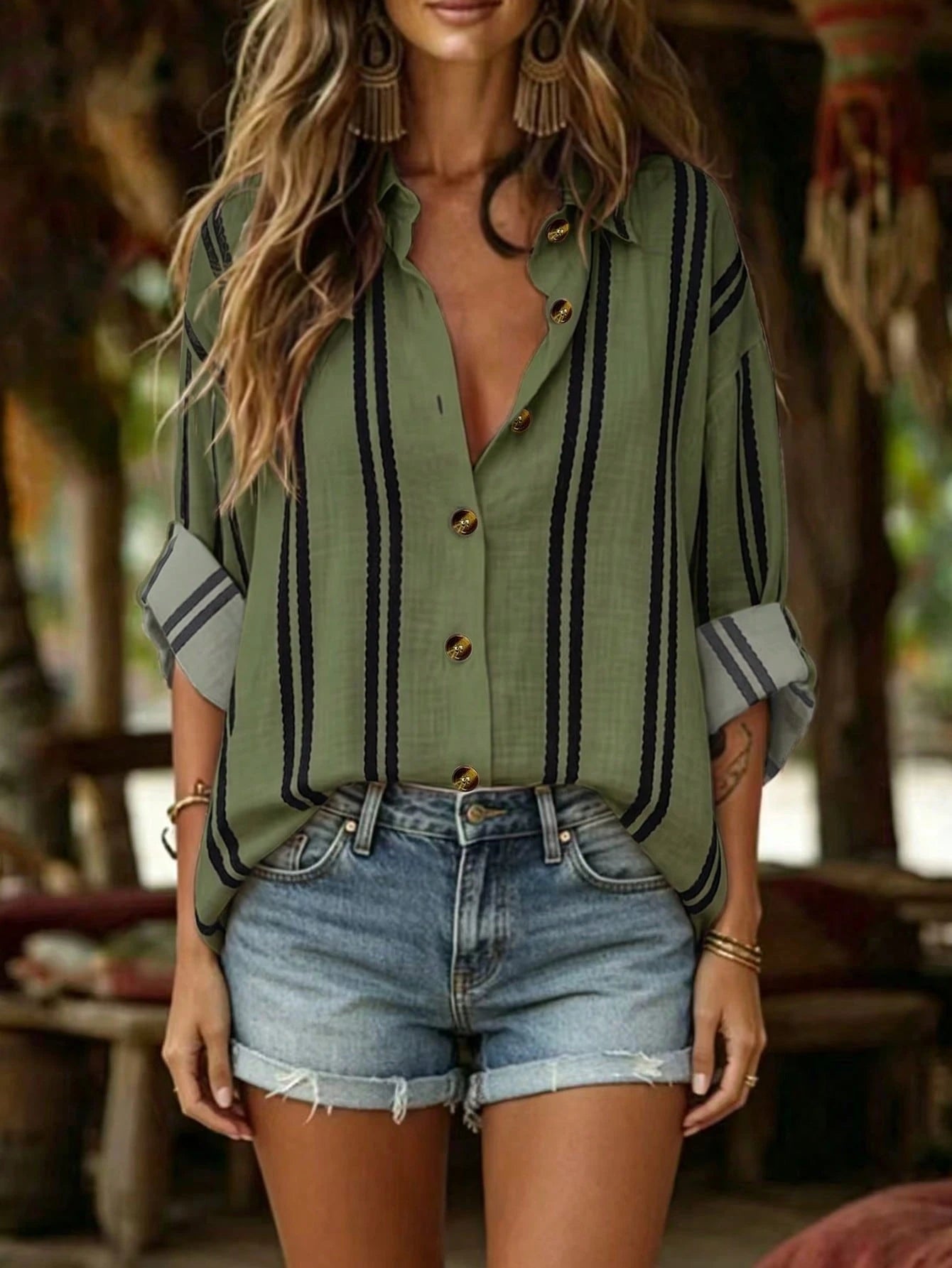 EMERY ROSE Women's Woven Striped Business Casual Boho Summer Blouse Vacation Black And White Striped