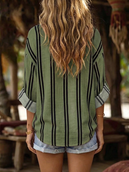 EMERY ROSE Women's Woven Striped Business Casual Boho Summer Blouse Vacation Black And White Striped