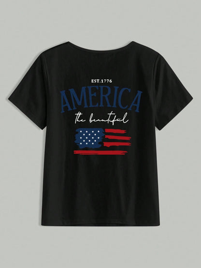 EMERY ROSE Women Summer Short Sleeve Casual T-Shirt With Letter And American Flag Print