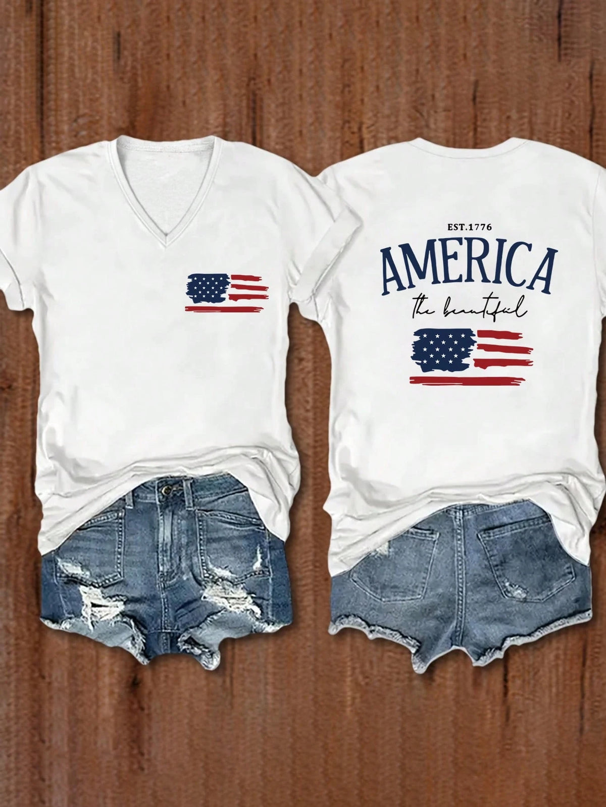 EMERY ROSE Women Summer Short Sleeve Casual T-Shirt With Letter And American Flag Print