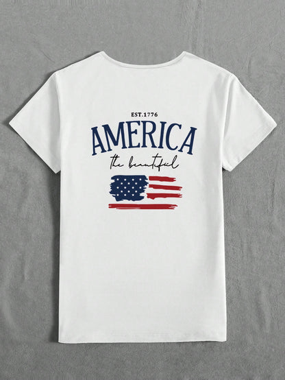 EMERY ROSE Women Summer Short Sleeve Casual T-Shirt With Letter And American Flag Print