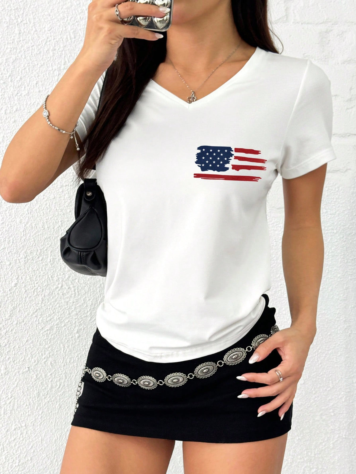 EMERY ROSE Women Summer Short Sleeve Casual T-Shirt With Letter And American Flag Print