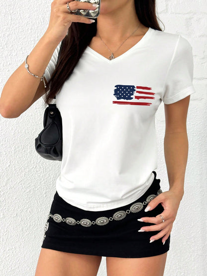 EMERY ROSE Women Summer Short Sleeve Casual T-Shirt With Letter And American Flag Print