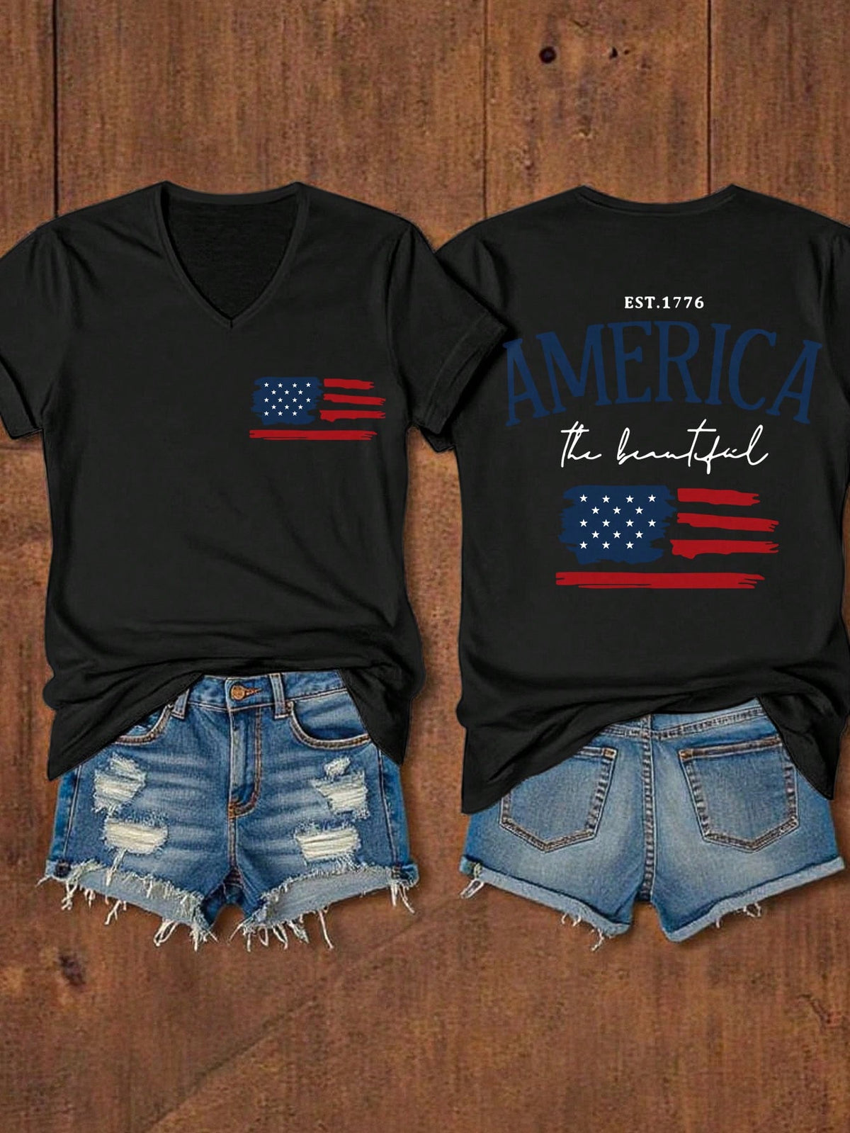 EMERY ROSE Women Summer Short Sleeve Casual T-Shirt With Letter And American Flag Print