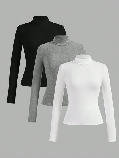 Essnce 3pcs/Set Plus Size Casual Minimalist T-Shirt, Multi-Pack, Autumn/Winter Fall
