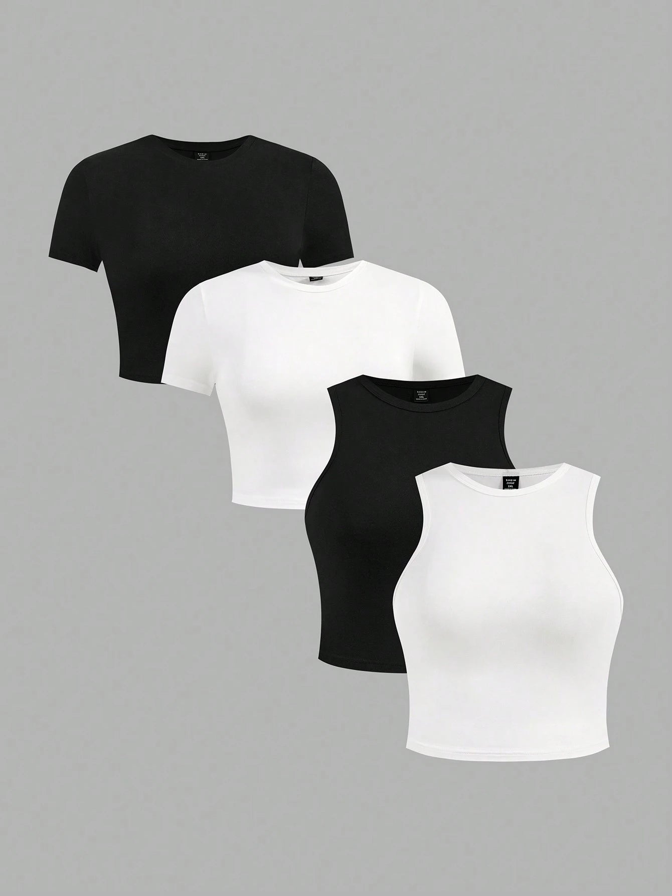Essnce Plus Size 4pcs/Set Black & White Casual Women Tank Tops And Short Sleeve Tees, Slim Fit, Summer Suitable For Going Out