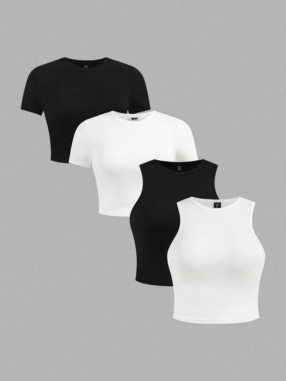 Essnce Plus Size 4pcs/Set Black & White Casual Women Tank Tops And Short Sleeve Tees, Slim Fit, Summer Suitable For Going Out
