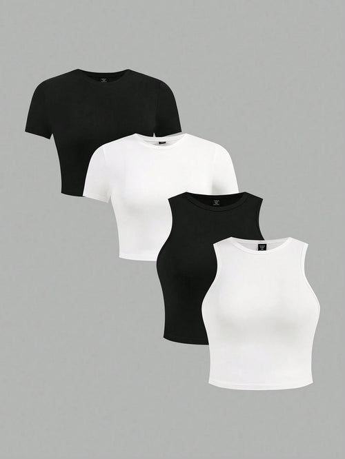 Essnce Plus Size 4pcs/Set Black & White Casual Women Tank Tops And Short Sleeve Tees, Slim Fit, Summer Suitable For Going Out