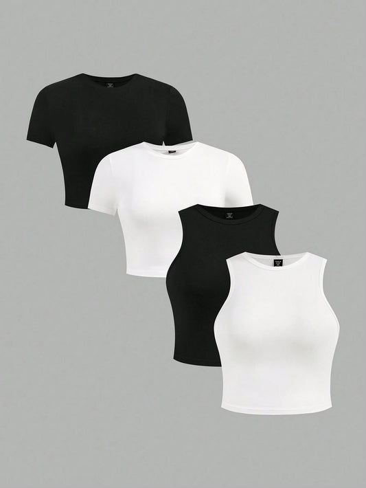 Essnce Plus Size 4pcs/Set Black & White Casual Women Tank Tops And Short Sleeve Tees, Slim Fit, Summer Suitable For Going Out
