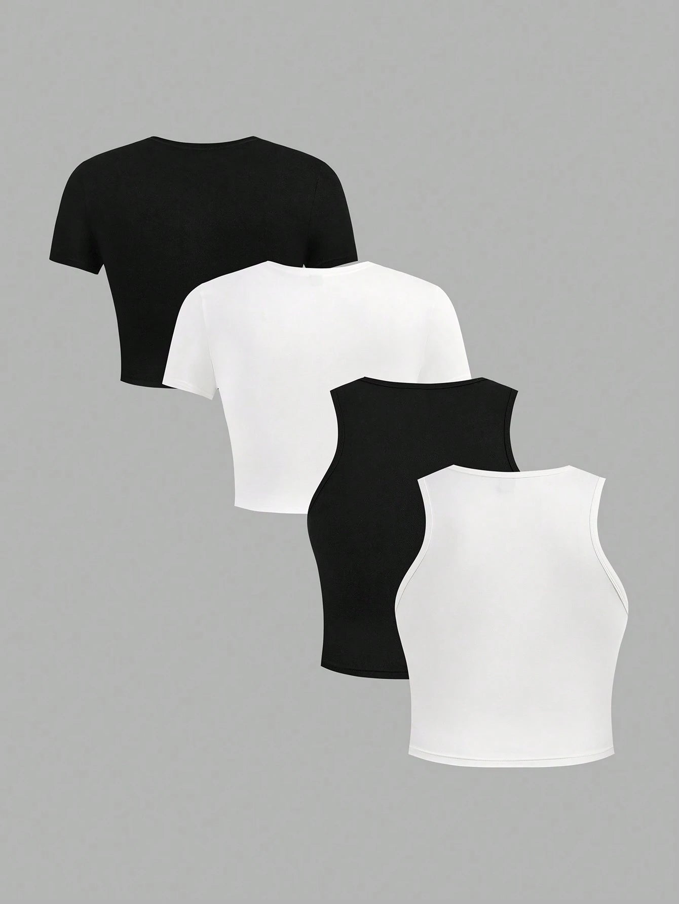 Essnce Plus Size 4pcs/Set Black & White Casual Women Tank Tops And Short Sleeve Tees, Slim Fit, Summer Suitable For Going Out