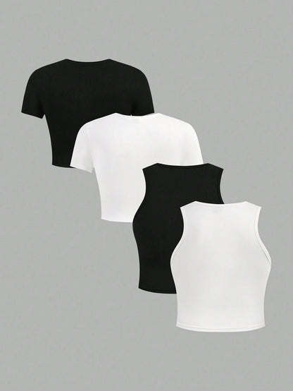 Essnce Plus Size 4pcs/Set Black & White Casual Women Tank Tops And Short Sleeve Tees, Slim Fit, Summer Suitable For Going Out
