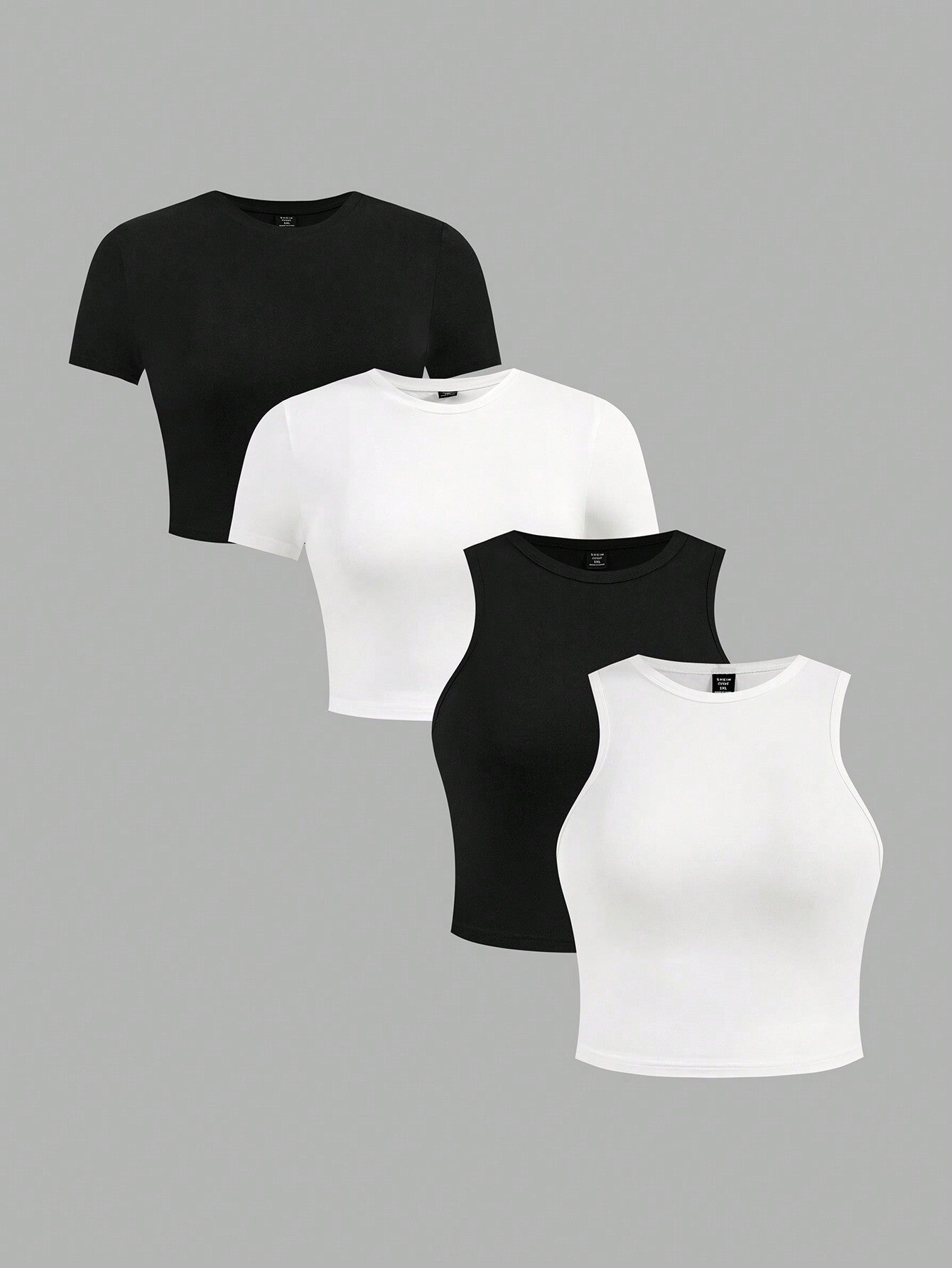 Essnce Plus Size 4pcs/Set Black & White Casual Women Tank Tops And Short Sleeve Tees, Slim Fit, Summer Suitable For Going Out