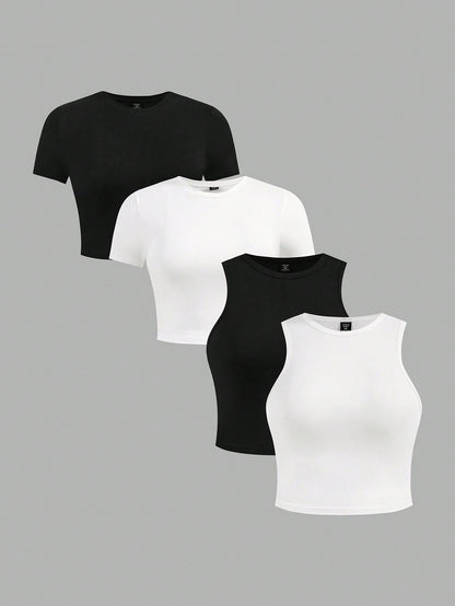 Essnce Plus Size 4pcs/Set Black & White Casual Women Tank Tops And Short Sleeve Tees, Slim Fit, Summer Suitable For Going Out