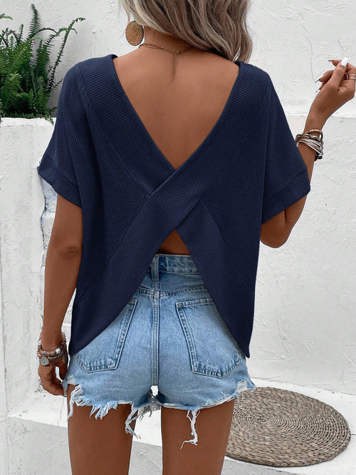 Essnce Plus Size Women's Navy Blue Summer Smart Casual Everyday Backless Hollow Short-Sleeved T-Shirt,Boho Vacation Curve Tops,Beach Cute Hawaii