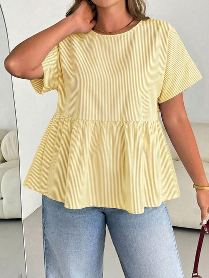 Essnce Plus-Size Women's Summer Smart Casual White Striped Short-Sleeved Shirt,Everyday Fashion Loose Comfortable Blouse,Curve Cute Versatile Simple Clothes