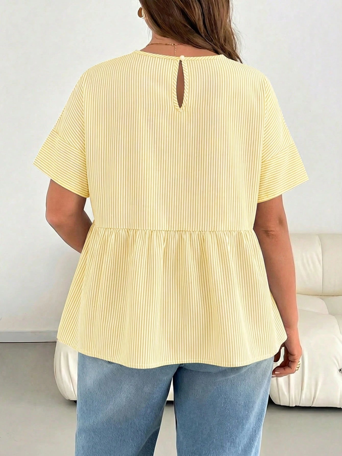 Essnce Plus-Size Women's Summer Smart Casual White Striped Short-Sleeved Shirt,Everyday Fashion Loose Comfortable Blouse,Curve Cute Versatile Simple Clothes