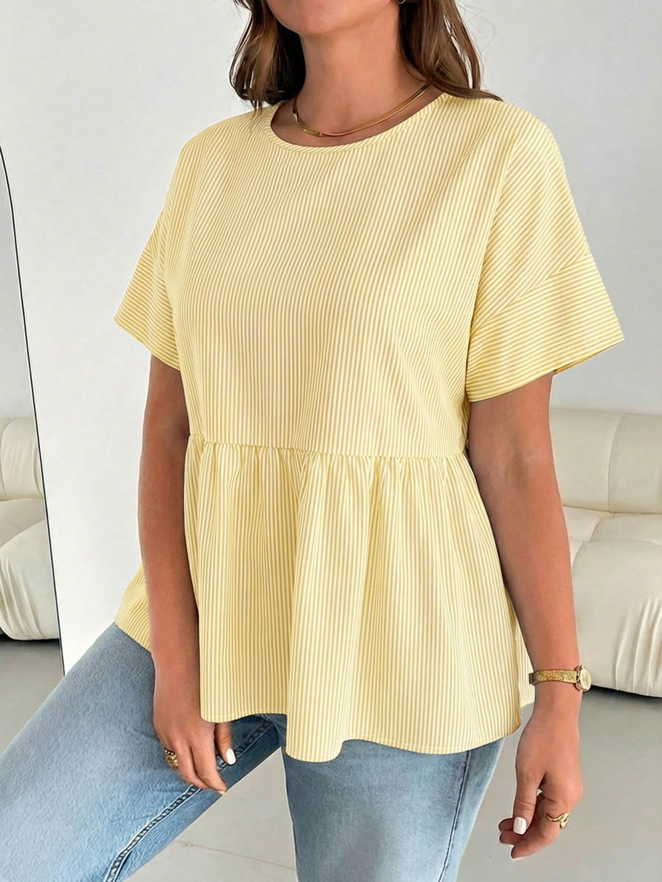 Essnce Plus-Size Women's Summer Smart Casual White Striped Short-Sleeved Shirt,Everyday Fashion Loose Comfortable Blouse,Curve Cute Versatile Simple Clothes
