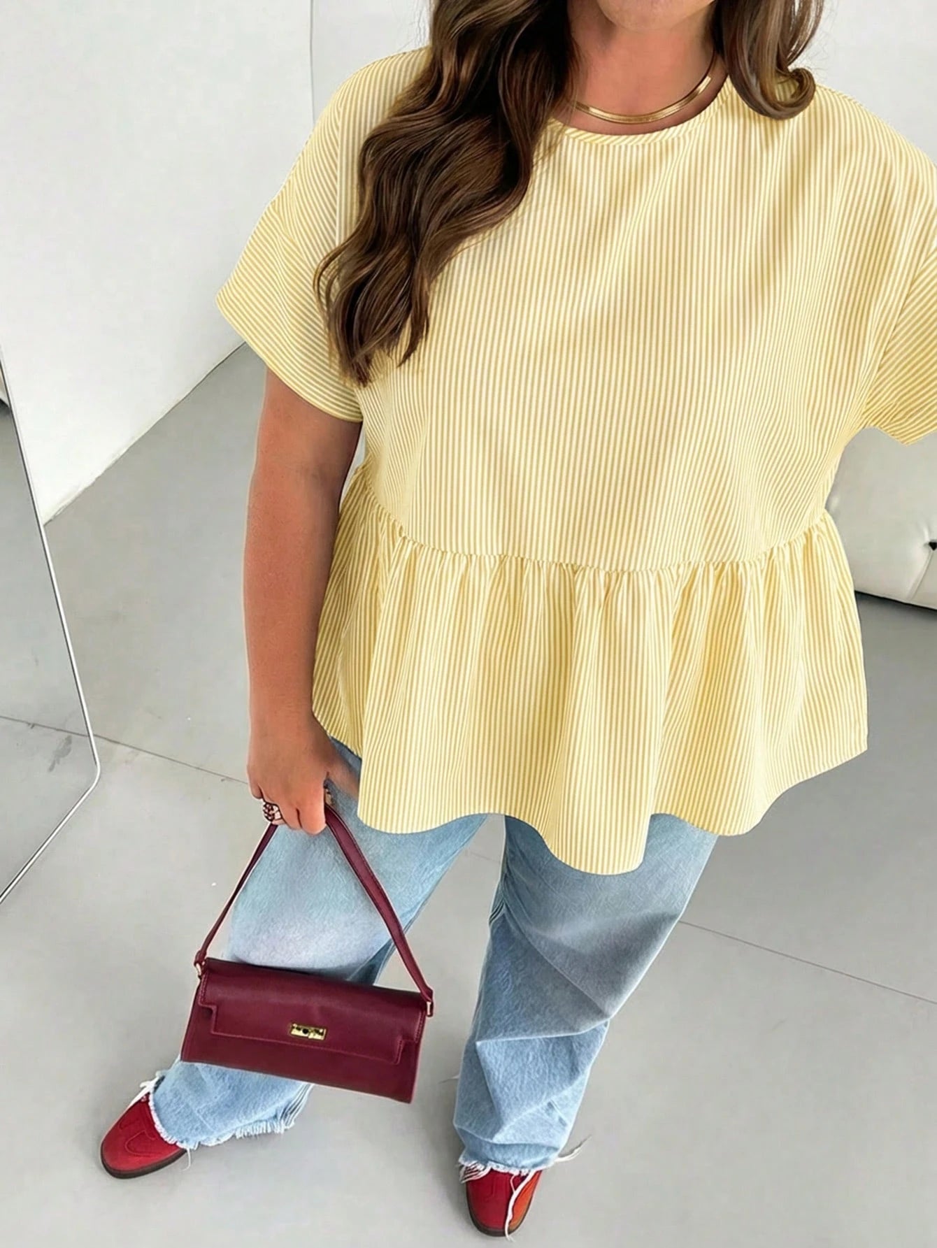 Essnce Plus-Size Women's Summer Smart Casual White Striped Short-Sleeved Shirt,Everyday Fashion Loose Comfortable Blouse,Curve Cute Versatile Simple Clothes