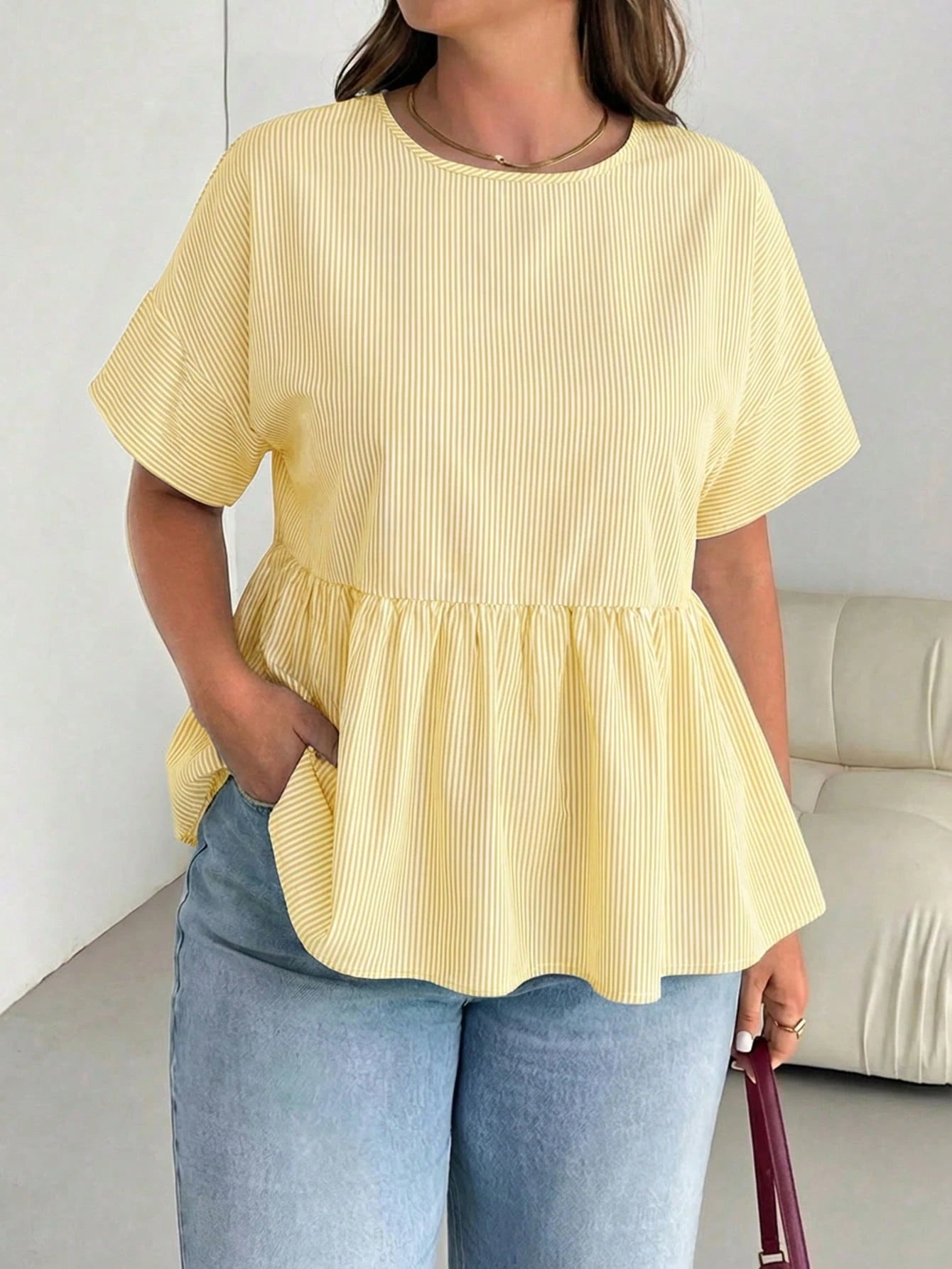Essnce Plus-Size Women's Summer Smart Casual White Striped Short-Sleeved Shirt,Everyday Fashion Loose Comfortable Blouse,Curve Cute Versatile Simple Clothes