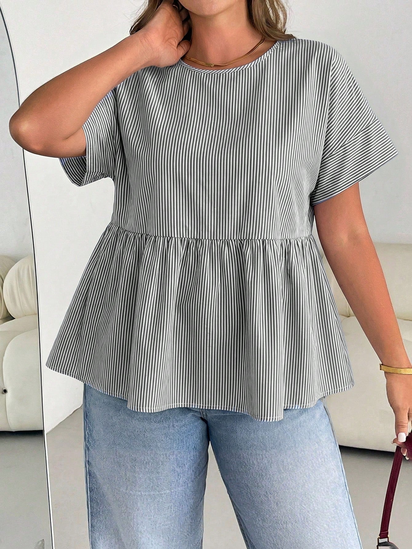 Essnce Plus-Size Women's Summer Smart Casual White Striped Short-Sleeved Shirt,Everyday Fashion Loose Comfortable Blouse,Curve Cute Versatile Simple Clothes