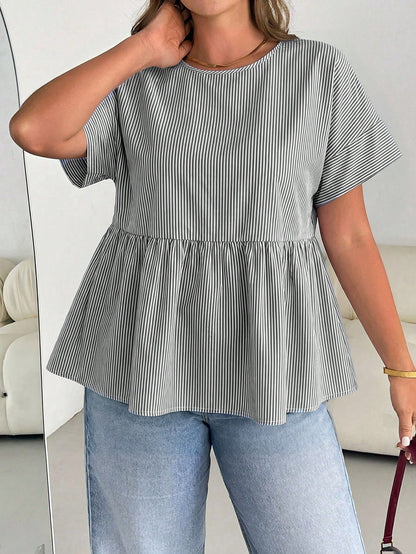 Essnce Plus-Size Women's Summer Smart Casual White Striped Short-Sleeved Shirt,Everyday Fashion Loose Comfortable Blouse,Curve Cute Versatile Simple Clothes