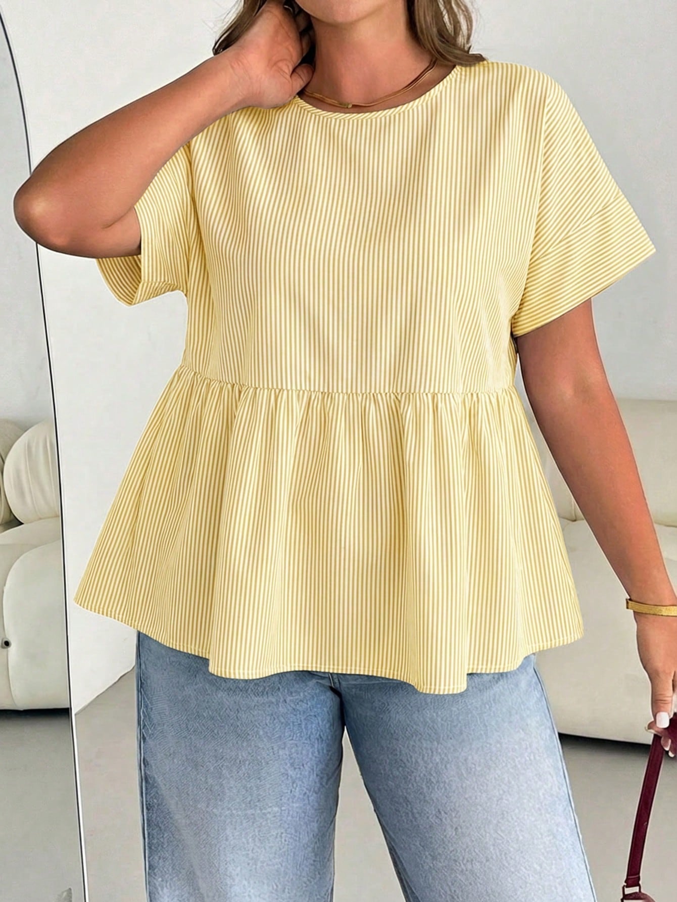 Essnce Plus-Size Women's Summer Smart Casual White Striped Short-Sleeved Shirt,Everyday Fashion Loose Comfortable Blouse,Curve Cute Versatile Simple Clothes