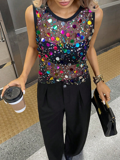 Essnce Women Black Casual Holiday Music Festival Netting Perspective Beaded Crop Party Top