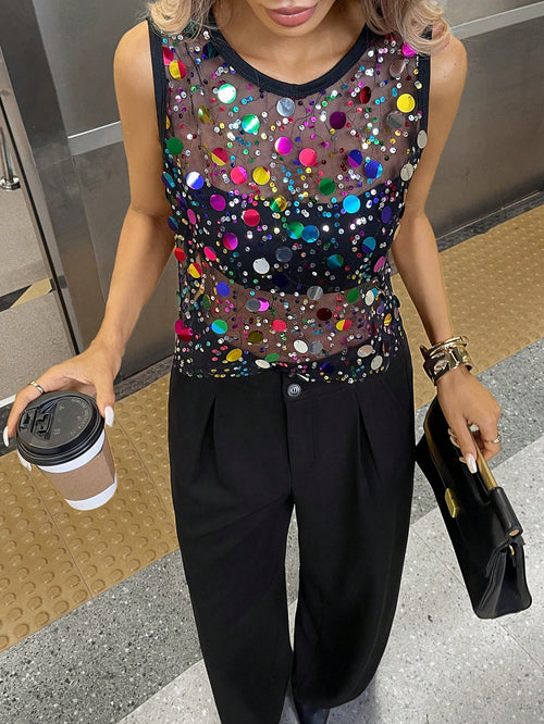 Essnce Women Black Casual Holiday Music Festival Netting Perspective Beaded Crop Party Top