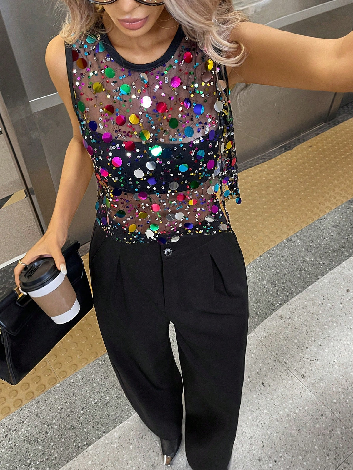 Essnce Women Black Casual Holiday Music Festival Netting Perspective Beaded Crop Party Top