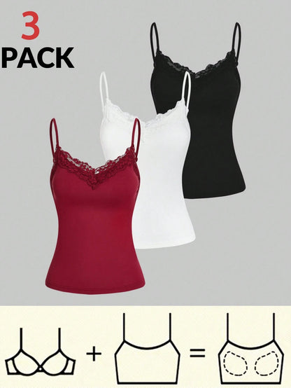 Essnce Women Red Tank Top Bra Free Pack Lace Suspenders 3pcs/Set Summer Casual Tight-Fitting Splice Camisole For Vacation, Built In Tops