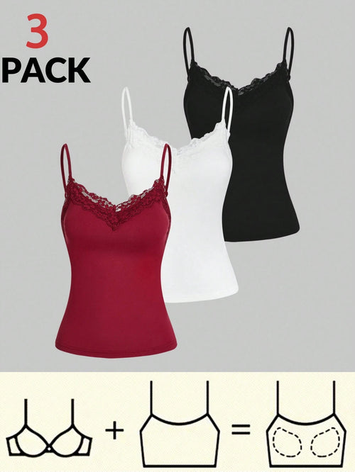 Essnce Women Red Tank Top Bra Free Pack Lace Suspenders 3pcs/Set Summer Casual Tight-Fitting Splice Camisole For Vacation, Built In Tops