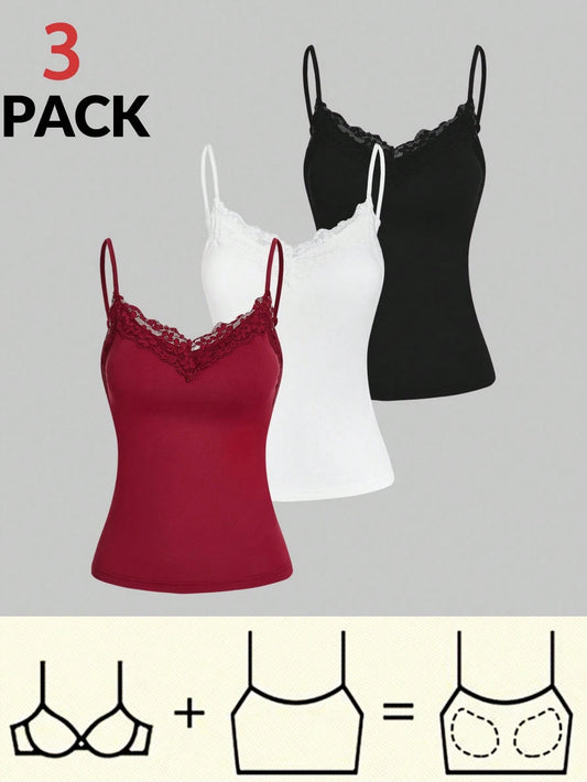 Essnce Women Red Tank Top Bra Free Pack Lace Suspenders 3pcs/Set Summer Casual Tight-Fitting Splice Camisole For Vacation, Built In Tops