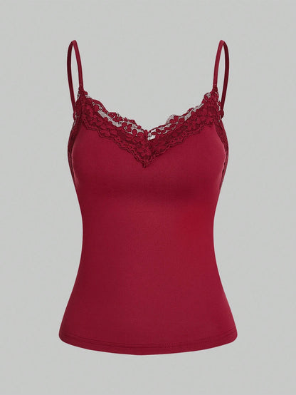 Essnce Women Red Tank Top Bra Free Pack Lace Suspenders 3pcs/Set Summer Casual Tight-Fitting Splice Camisole For Vacation, Built In Tops