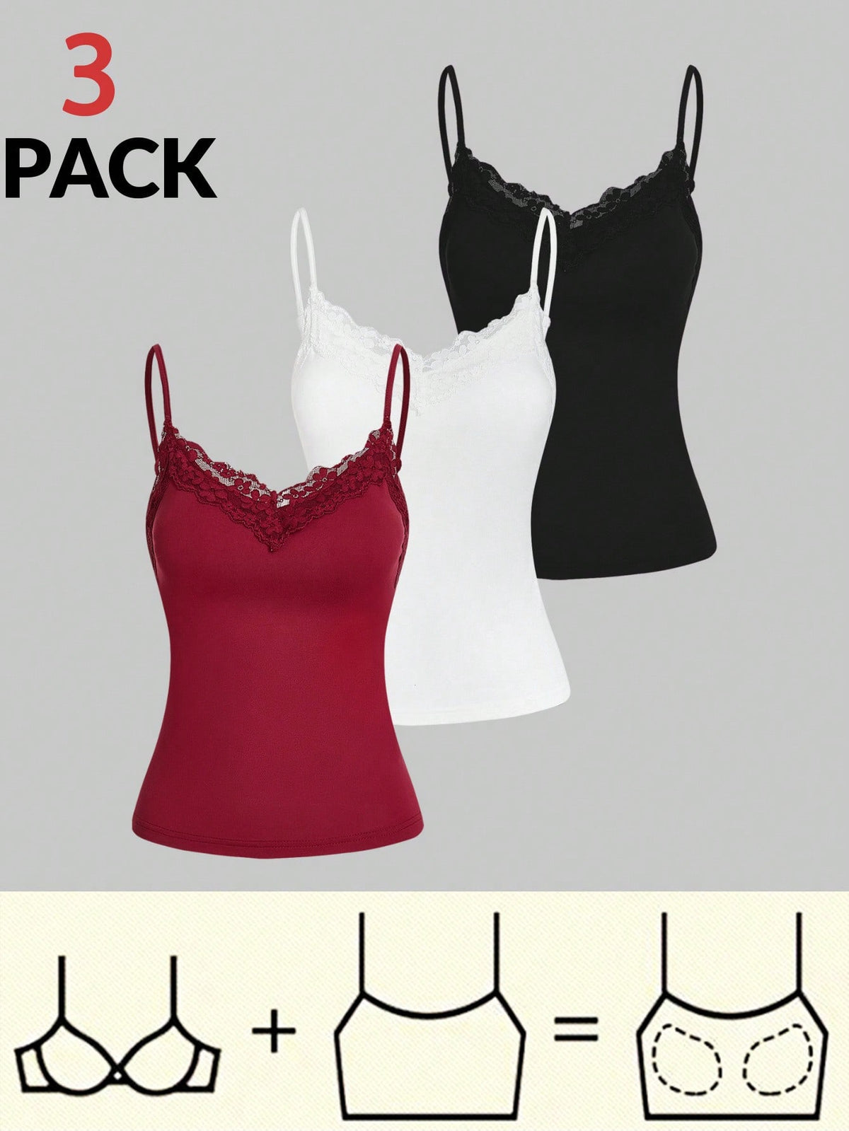 Essnce Women Red Tank Top Bra Free Pack Lace Suspenders 3pcs/Set Summer Casual Tight-Fitting Splice Camisole For Vacation, Built In Tops