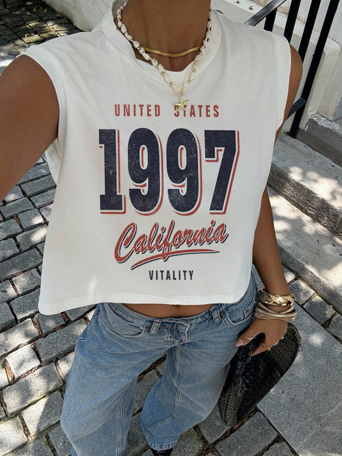 Essnce Women's Casual Round Neck Sleeveless Cropped Tank Top, Suitable For Summer, Retro American Vintage 1997 Print