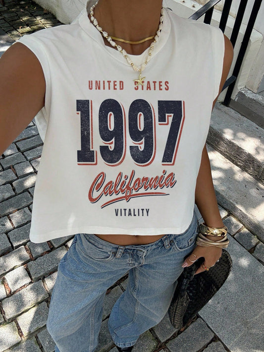 Essnce Women's Casual Round Neck Sleeveless Cropped Tank Top, Suitable For Summer, Retro American Vintage 1997 Print