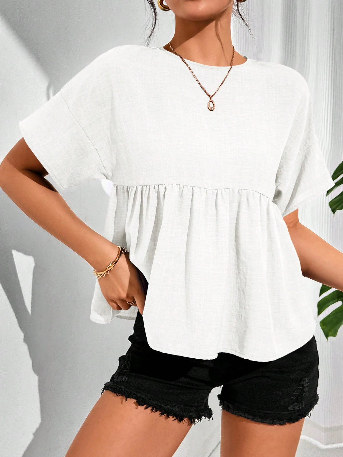 Essnce Women's Casual Solid Color Batwing Sleeve Shirt, Summer
