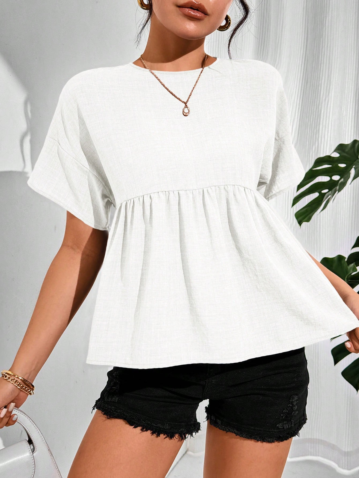 Essnce Women's Casual Solid Color Batwing Sleeve Shirt, Summer