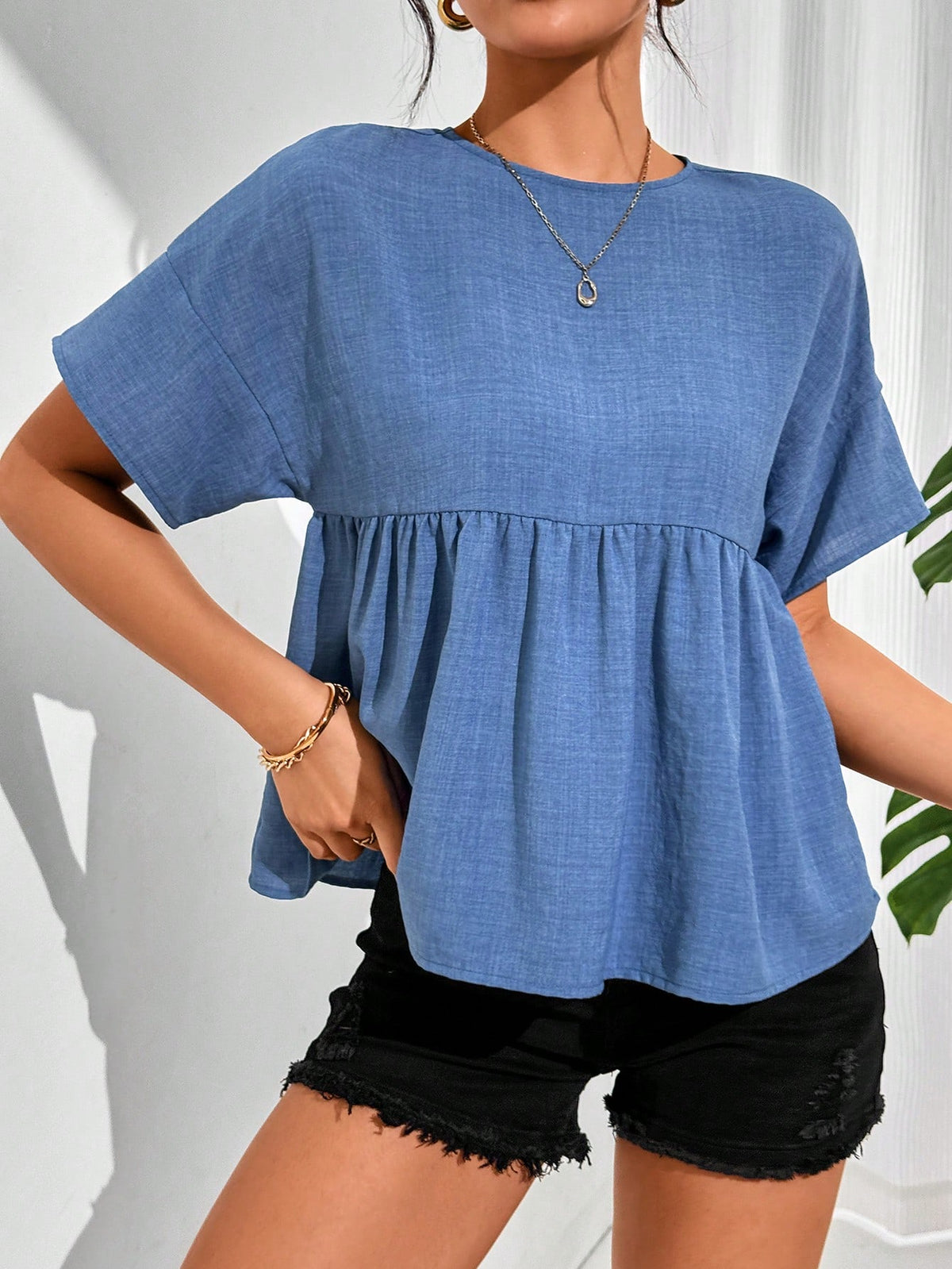 Essnce Women's Casual Solid Color Batwing Sleeve Shirt, Summer