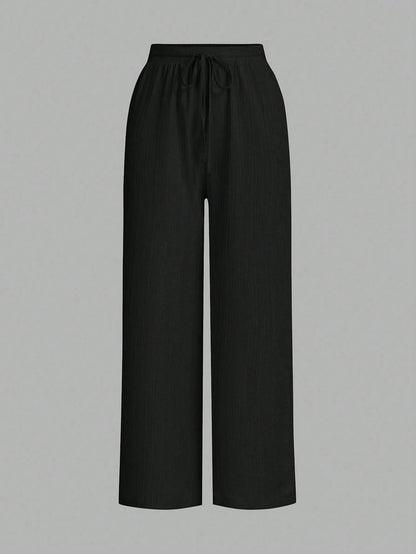 Essnce Women's Casual Solid Color Elastic Waist Straight Leg Pants Women Wide Leg Pants