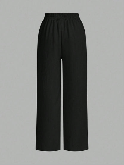 Essnce Women's Casual Solid Color Elastic Waist Straight Leg Pants Women Wide Leg Pants