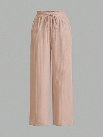 Essnce Women's Casual Solid Color Elastic Waist Straight Leg Pants Women Wide Leg Pants