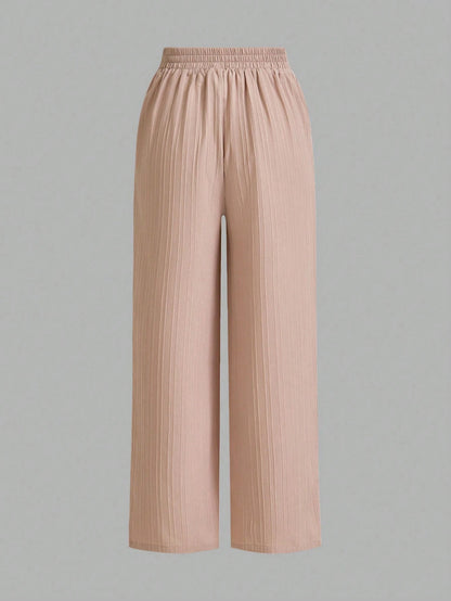 Essnce Women's Casual Solid Color Elastic Waist Straight Leg Pants Women Wide Leg Pants