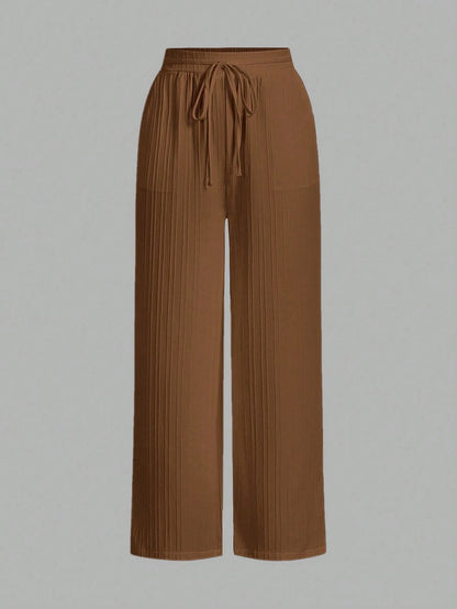 Essnce Women's Casual Solid Color Elastic Waist Straight Leg Pants Women Wide Leg Pants
