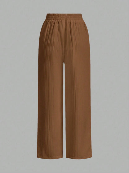 Essnce Women's Casual Solid Color Elastic Waist Straight Leg Pants Women Wide Leg Pants