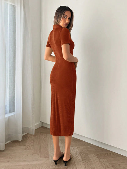 Essnce Women's Short Sleeve Turn-Down Collar A-Line Dress With Single Breasted Closure