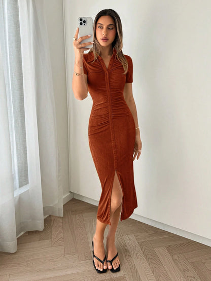 Essnce Women's Short Sleeve Turn-Down Collar A-Line Dress With Single Breasted Closure
