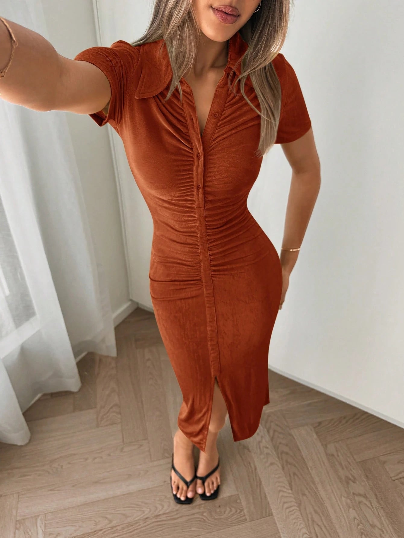 Essnce Women's Short Sleeve Turn-Down Collar A-Line Dress With Single Breasted Closure